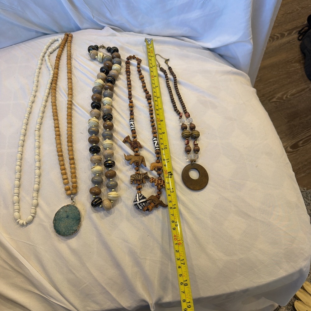 Lot of 5 Boho Statement Necklaces Wood Bead Druzy Pendant Chunky Artisan Jewelry - Picture 3 of 12